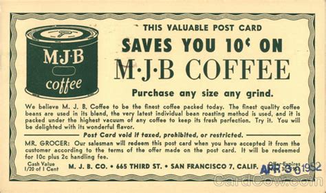 Advertisement and Coupon for MJB Coffee Advertising Postcard