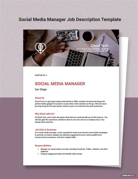 Social Media Manager Job Description Template - Google Docs, Word ...