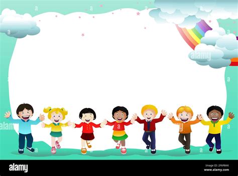 illustration of a group kids on cloud rainbow frame background Stock ...