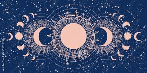 Vintage tarot banner, sun and moon phases, full moon on blue background ...