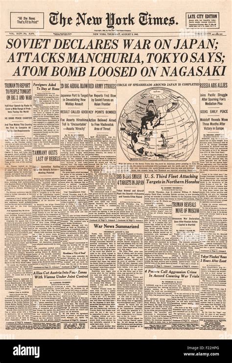 1945 New York Times front page reporting Russia declare war on Japan ...