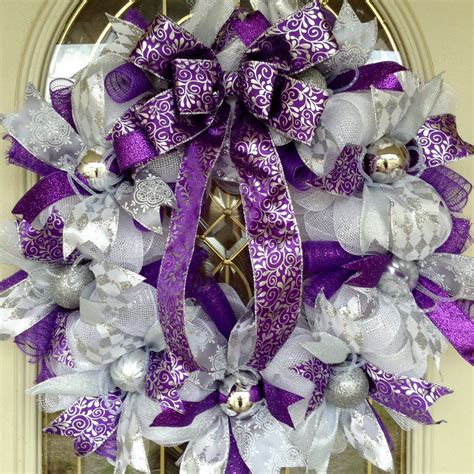 Large 24" round Christmas purple, silver and white deco mesh wreath ...