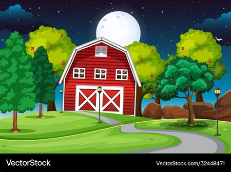 Farm scene with barn and long road at night Vector Image