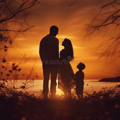 Silhouette of Happy Family Watching a Sunset. Stock Illustration ...