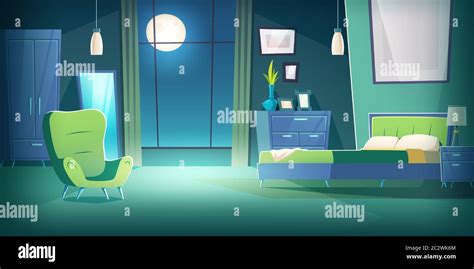 Bedroom interior at night cartoon vector illustration. Comfortable ...