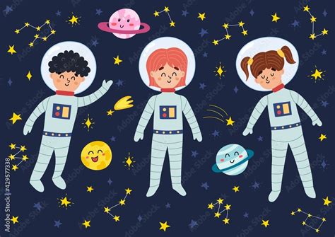 Space kids in suits and helmets. Cute children astronauts and planets ...