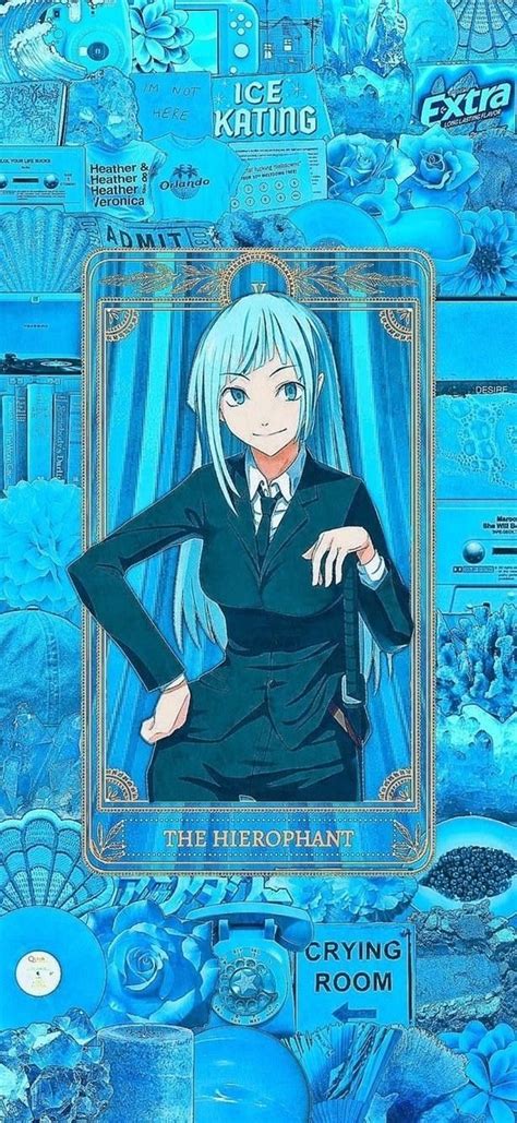 an anime character is standing in front of a blue background with the ...