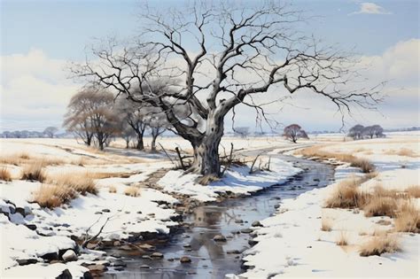 Premium AI Image | A painting of a tree in a snowy field.