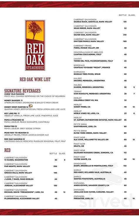 Red Oak Steakhouse menus in Quapaw, Oklahoma, United States