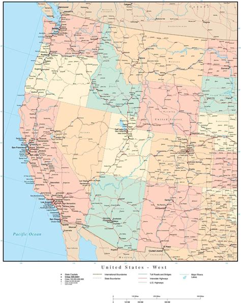 USA West Region Map with State Boundaries, Highways, and Cities