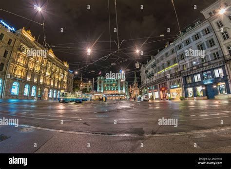 Zurich, Switzerland - May 15, 2017: night city skyline and tram at ...