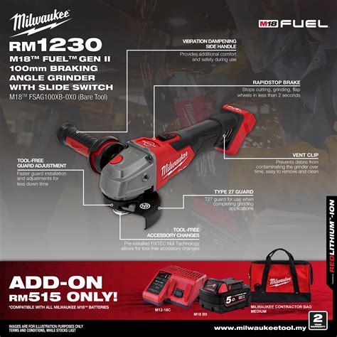 Milwaukee M18 Fuel M18FSAG100XB 100MM Cordless Angle Grinder