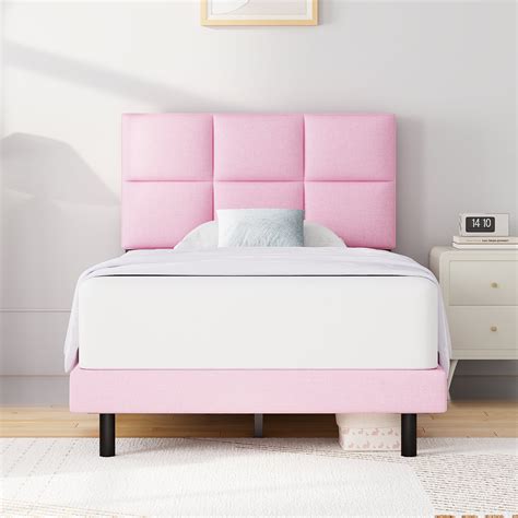 HAIIDE Twin Size bed Frame with Fabric Upholstered Headboard,Pink, Easy ...