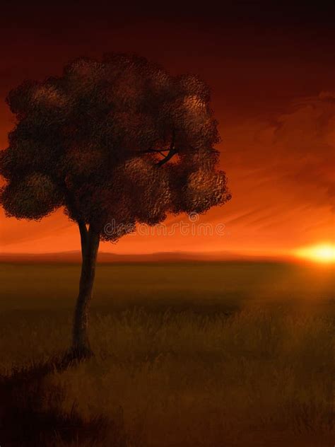 Sunrise Tree - Digital Painting Stock Illustration - Illustration of ...