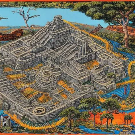 extremely detailed map of aztec ruins, by robert mccall | Stable ...