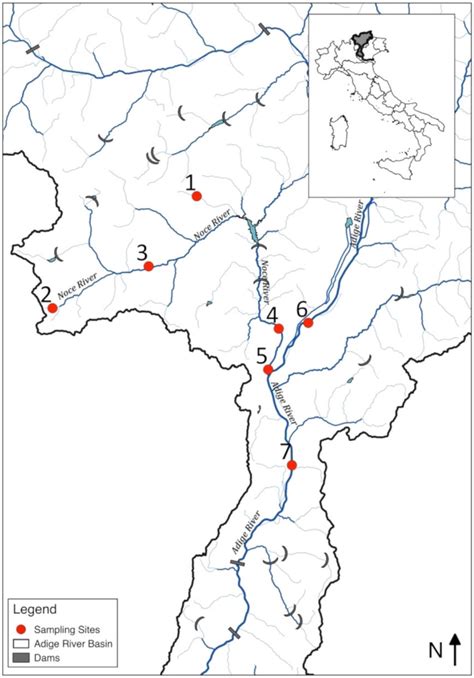 Map of the Adige River catchment, indicating the sampling sites [Colour ...