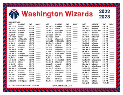 Printable 2022-2023 Washington Wizards Schedule