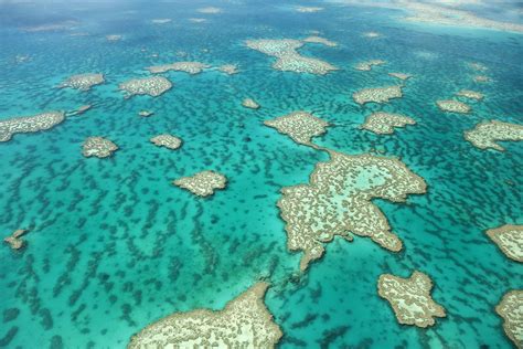 Aerial view of coral formations at the Great Barrier Reef near the ...