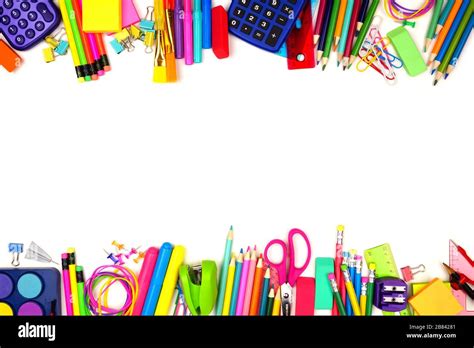 School supplies double border. Top view isolated on a white background ...