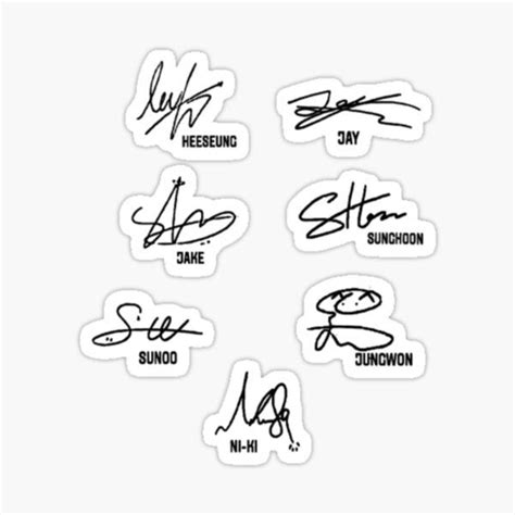 six signed stickers in black ink on white paper