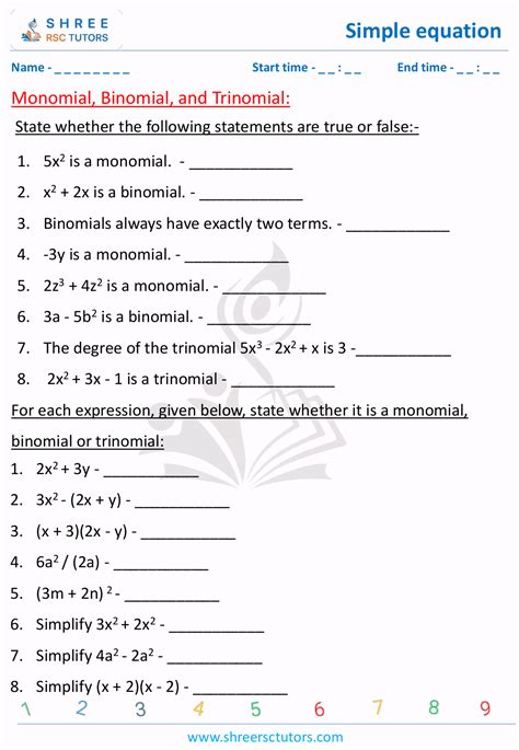 Monomial, binomial and trinomial worksheets for Grade 7 Maths | shree ...