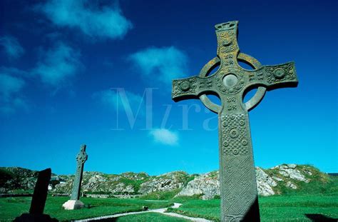 Celtic crosses on the sacred isle of Iona, Inner Hebrides, western ...