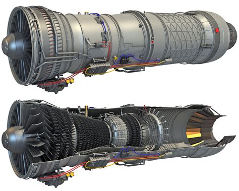 Complete and Sectioned Afterburning Turbofan Engine 3D