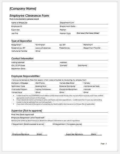 Employee Exit Clearance Form Template | Master Template