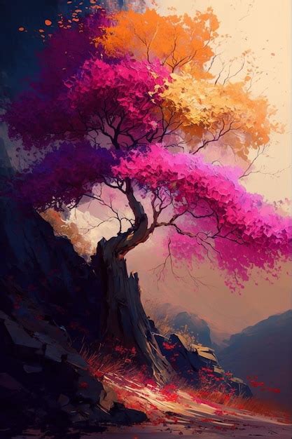 Premium AI Image | A colorful tree on a mountain with a sunset in the ...