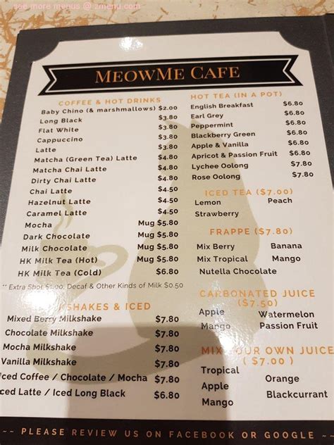 Menu at MeowMe Cat Cafe, Parkside