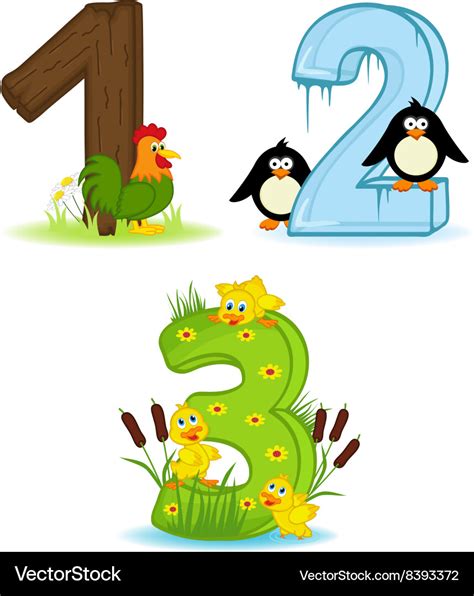 Set of numbers with number animals from 1 to 3 Vector Image