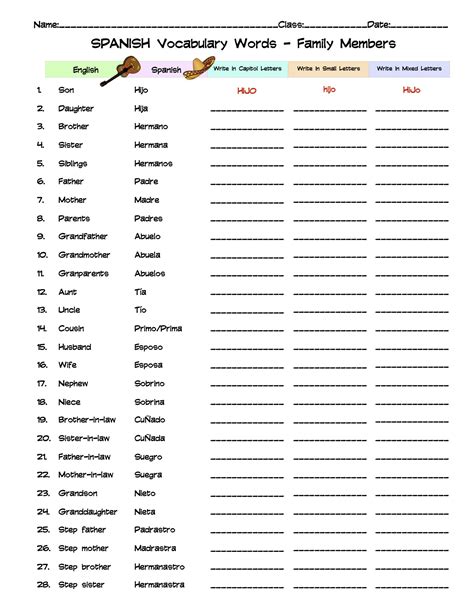 Spanish Family Members Vocabulary Word List Column Worksheet | Made By ...