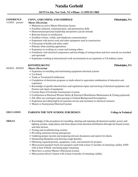 Master Electrician Resume Samples | Velvet Jobs