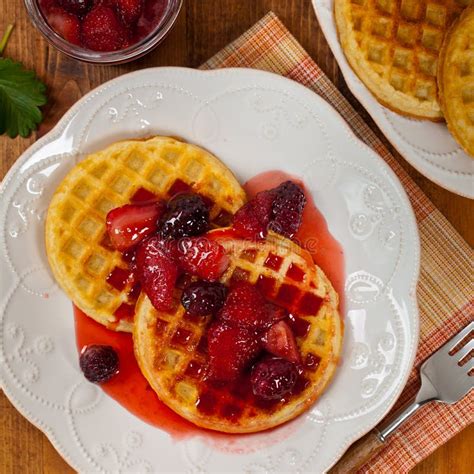 Waffles with Fresh Strawberry Syrup Stock Image - Image of isolated ...