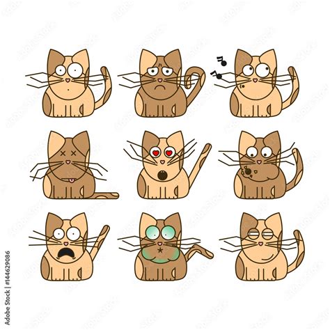 Set of cat emoticons. Cute cat emoji in cartoon style. Flat emoji ...