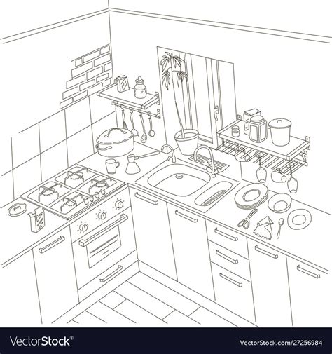 Kitchen anime background style line drawing art Vector Image