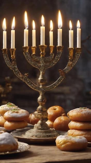 Premium AI Image | Menorah and sufganiyah near gelt and dreidels