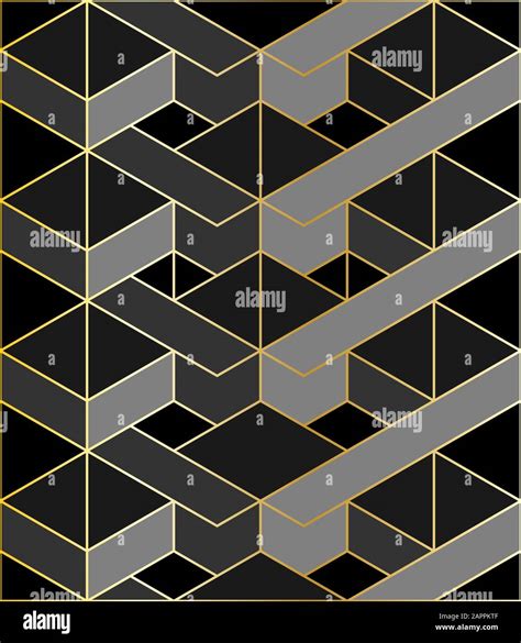 Abstract black and dark grey geometric background with golden outline ...