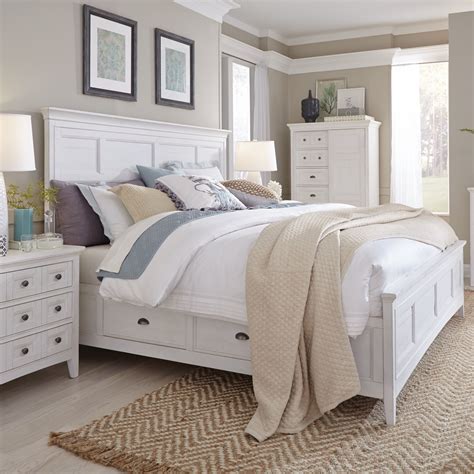 Heron Cove Relaxed Traditional Soft White Panel Bed with Storage Rails ...