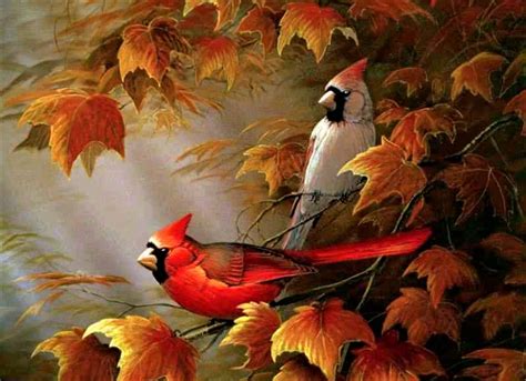 Download Fall Leaf Northern Cardinal Cardinal Bird Artistic Painting Image