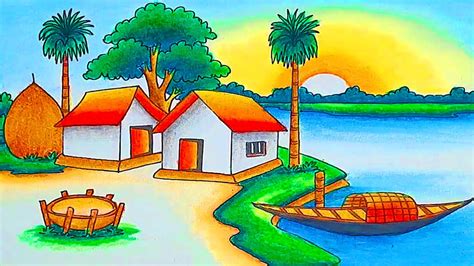 how to draw easy scenery drawing with oil pastel landscape village ...