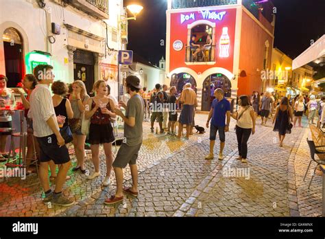 People out enjoying the Algarve nightlife, Lagos town centre, Lagos ...