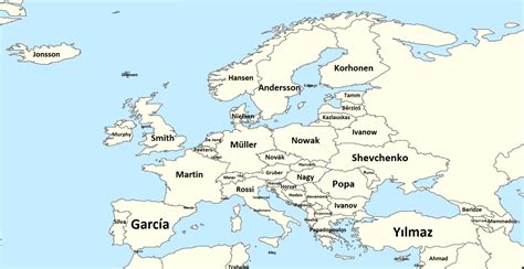 Most common surname in Europe by country [excerpt of a global map made ...