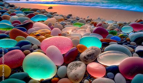 Colorful gemstones on a beach. Polish textured sea glass and stones on ...