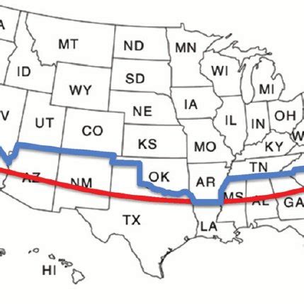 Map of the United States demonstrating the 33rd parallel (red line ...