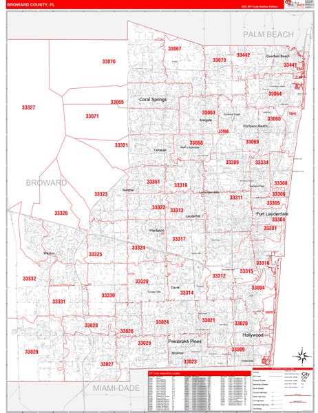 Broward County, FL Zip Code Wall Map Red Line Style by MarketMAPS ...