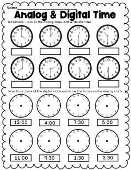 Telling Time on Analog and Digital Clocks Worksheets | Math time ...