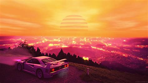 Retrowave Outrun Ferrari F40 On The Hill Live Wallpaper - MoeWalls