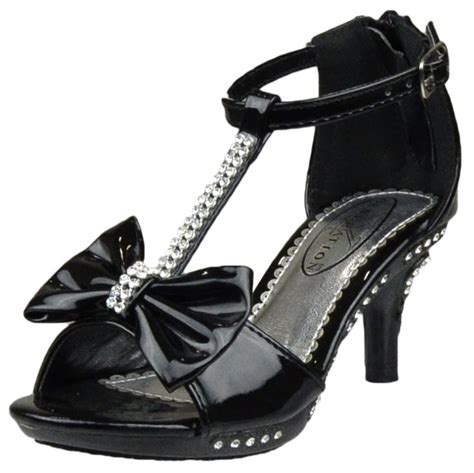 Girl's T-Strap Rhinestone Bow Open Toe High Heel Dress Shoes Black Size ...