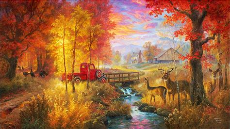 1080P free download | Country Road, artwork, barn, creek, painting ...